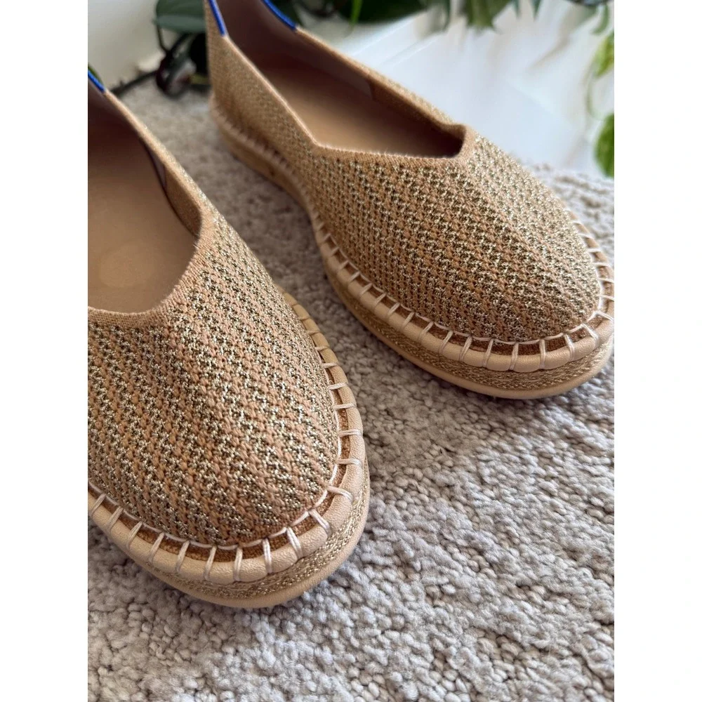 Rothy's The Espadrille Gold Stripe Metallic Hemp Knit Ballet Flats Coastal 9